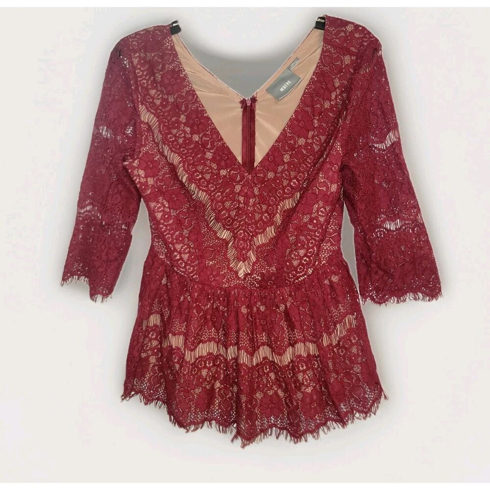 Maeve by Anthropologie Burgundy Floral Lace Peplum Blouse Fringe Hem| Romantic